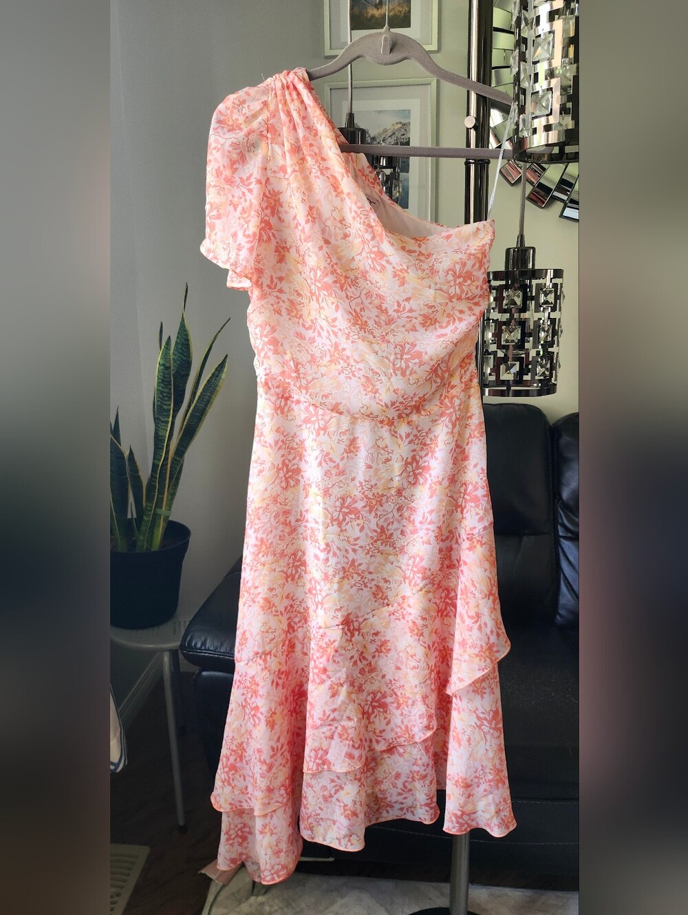 Tristan One-Shoulder Floral Ruffle Midi Dress in Pink Coral and Cream
